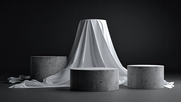 Three plinths, white drape, concrete, stark, moody display