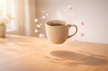 photorealistic floating coffee cup with cherry blossom petals in soft spring light and clean copy space