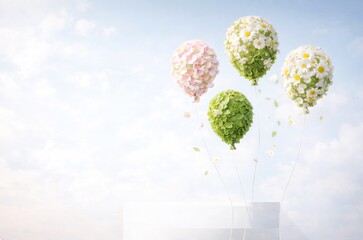 spring balloons formed from flowers and green leaves floating in soft sky background with copy space
