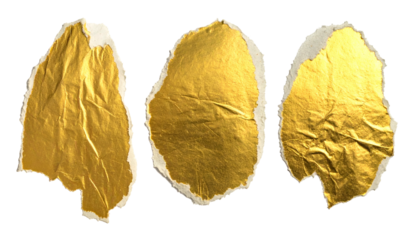 Three torn pieces of gold foil with crinkled textures against a stark black background