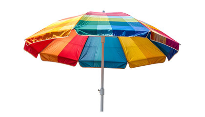 Vivid rainbow-striped parasol, opened against a black background, shows wooden pole and ribs