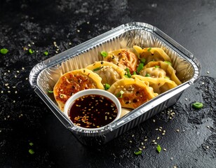 Dumplings in a foil container next to soy sauce on a black textured surface