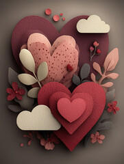 Valentines day background with hearts and flowers in papercut effect - ai generative