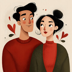 Illustration of cute couple looking at each other - ai generative