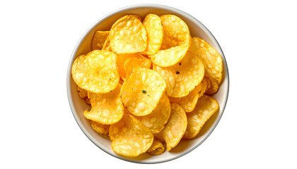 Overhead shot of a white bowl filled with golden, crispy, seasoned potato chips