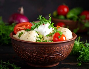 Dumplings in a rustic bowl, topped with sour cream, tomato, and herbs, against a dark background with vegetables