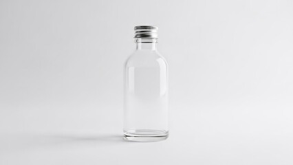Clear Glass Bottle with Silver Cap on White Background.