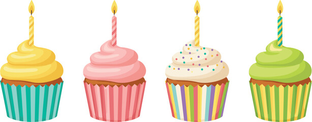 Colorful birthday cupcakes with candles illustration, sweet dessert set isolated on white background vector party bakery design