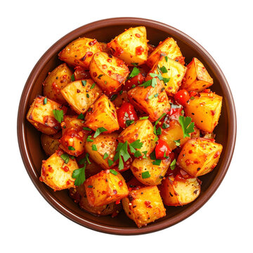 Traditional spanish patatas bravas tapas appetizer isolated on a bright white background