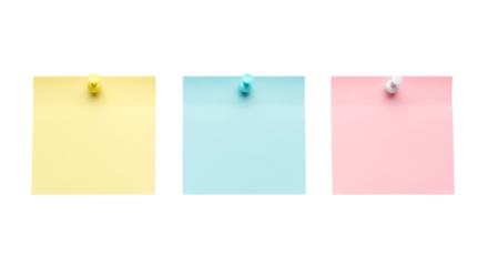Colorful sticky notes with push pins, isolated on transparent background