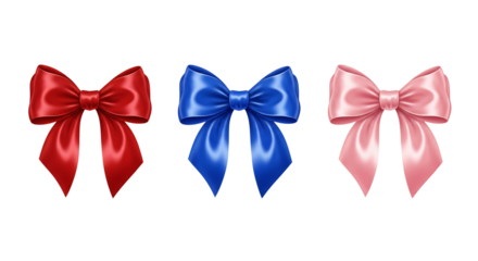 Satin bows, red blue pink, isolated on transparent background