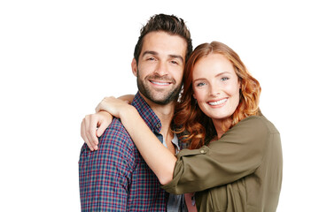 Portrait, happy couple and hug in studio for love, care and space with partner on white background. Smile, man and woman embrace for healthy relationship, romance and support on valentines day