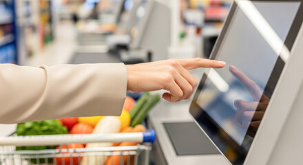 Hand of a shopper interacting with a self-service checkout screen in a grocery store, surrounded by fresh produce and vibrant colors
