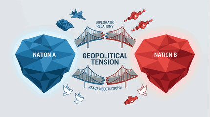 Geopolitical tension isometric infographic illustrating conflict between nations with broken diplomatic bridges, military tanks, jets, energy pipelines and peace doves.