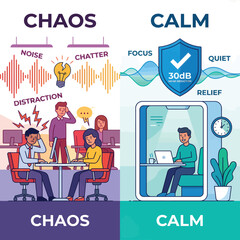 Vector illustration comparing chaos in noisy open office with stressed workers to calm focus of man in soundproof acoustic booth, highlighting productivity and 30dB noise reduction