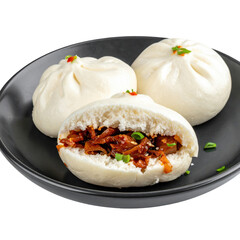 A single char siu bao showcasing its soft texture and savory filling, isolated on white