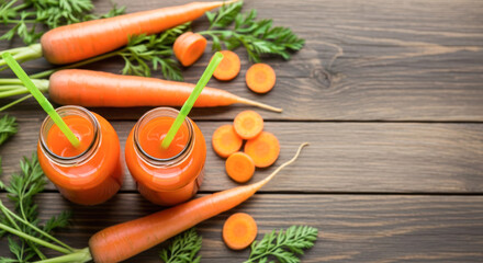 Fresh carrot juice in glass bottles with green straws, surrounded by whole carrots and sliced pieces on rustic wooden table, showcasing healthy beverage concept