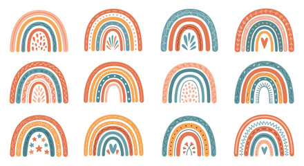 Collection of hand drawn boho rainbows in earthy tones like terracotta and mustard for children's room decor or baby shower designs.