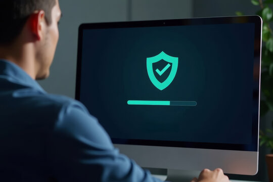 Image of a person installing software on a computer, highlighting the progress bar on the screen.