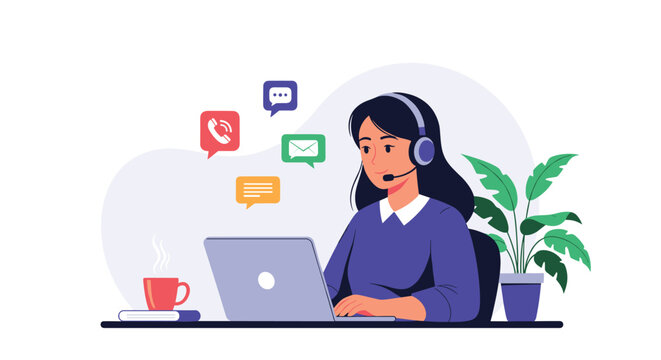 Friendly customer support agent working on a laptop surrounded by communication icons like phone calls, emails, and chat messages.