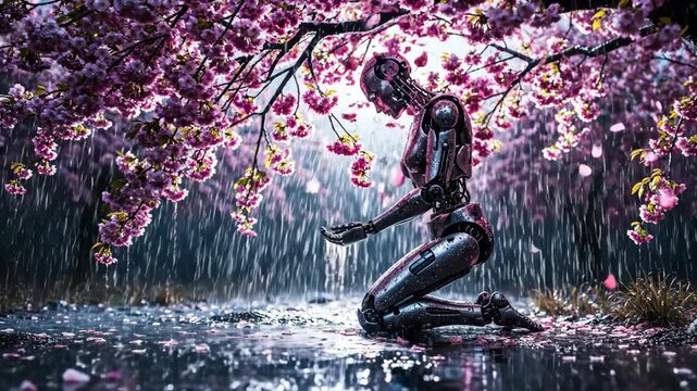 Robot woman kneeling in rain under cherry blossom tree with falling petals. AI, artificial intelligence, and nature footage.