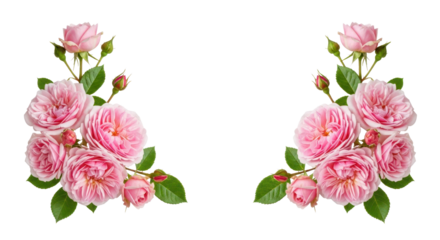 Beautiful arrangement of pink roses with lush green leaves, showcasing vibrant blooms and delicate petals, perfect for floral design and decoration. Isolated on transparent background