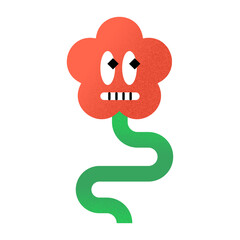 Vibrant Flat Angry Flower Illustration with Wavy Stem with Grainy Texture