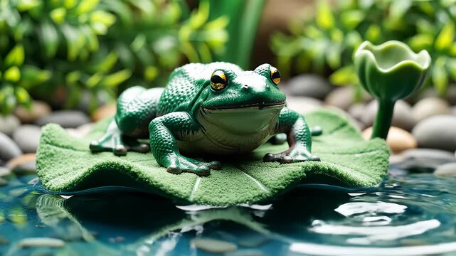 A green frog figurine on lily pad resting on water near plants and pebbles, nature or garden decoration concept footage
