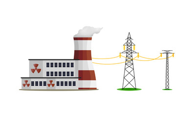 Clean nuclear power plant generating sustainable electricity for the future, illustration depicting environmentally friendly energy production infrastructure and power grid, voltage power lines
