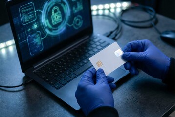 Hacker with blue gloves holding credit card near laptop with security interface. Cyber crime, fraud concept.