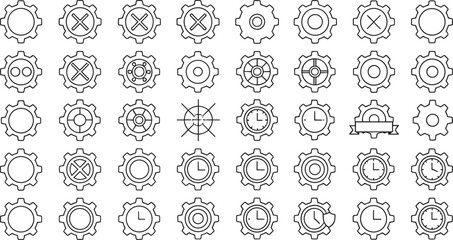 Gear and settings vector icon set featuring mechanical cogs, time symbols, crossed elements, configuration tools, and engineering graphics