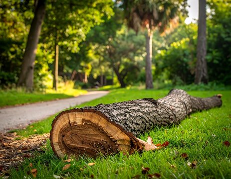 Fallen tree trunk sits on grassy field with a path and trees in background, illuminated by sunlight