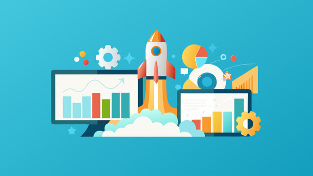 Flat vector illustration of a startup growth and innovation concept with a rocket launching from a cloud surrounded by computer screens and graphs on a blue background