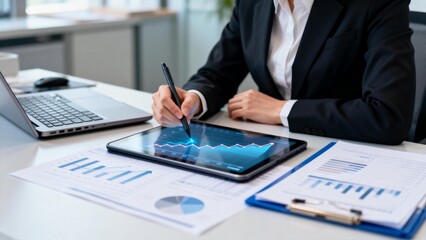 Business professional analyzing data on tablet