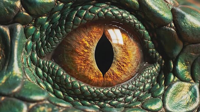 Extreme macro close-up of a green reptilian eye with a vertical pupil blinking and contracting.