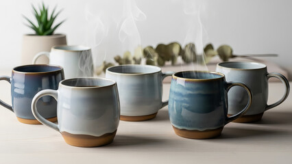 Fototapeta premium Cozy Ceramic Cups: An inviting display of stylish ceramic mugs, each exuding warmth with wisps of steam, set against a backdrop of soft light and natural elements.
