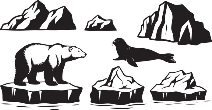 Black and white illustration of Arctic wildlife and icebergs