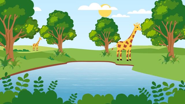 An animation of cartoon giraffe enjoying nature