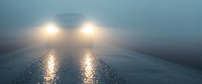 Car driving through thick fog on a wet road with headlights on