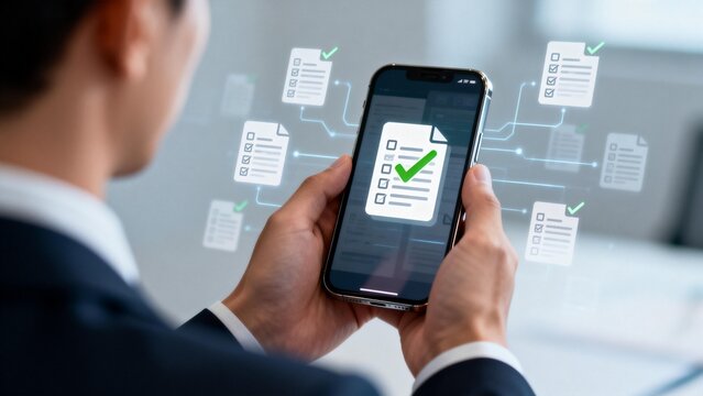 Businessman using smartphone with digital documents - Powered by Adobe