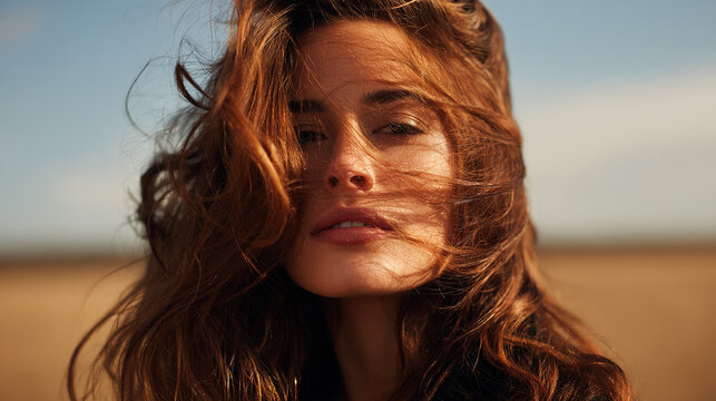 Close-up portrait of a beautiful woman with flowing auburn hair in the wind outdoors
