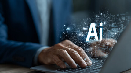 Businessman Working on a Laptop With AI Interface and Digital Network Visualization Concepts