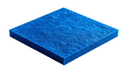A bright blue, textured square, floating against a black background, in an isometric view