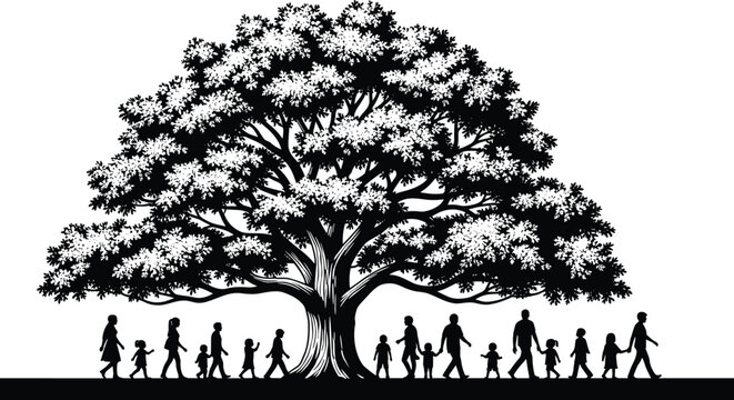 Silhouette of diverse family generations and children walking together under a large, branching oak tree representing life, growth, and genealogy.
