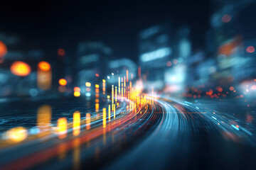 Abstract digital data stream flowing through a futuristic city at night