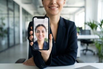 Woman showing smartphone with face scanning. Biometric identification system for digital security. Facial recognition technology for personal data.