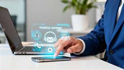 Businessman interacting with holographic tech support interface