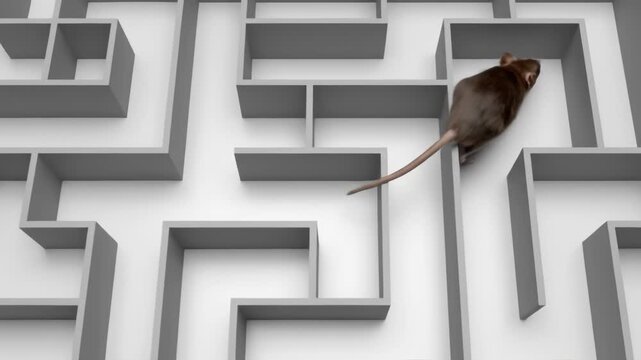 Little brown rat moving and navigating through a geometric maze from a top angle in a learning concept video
