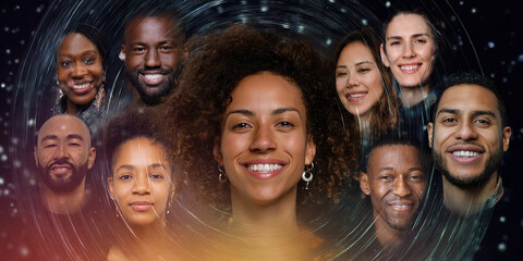 Diverse group of smiling people's faces arranged in a circular pattern