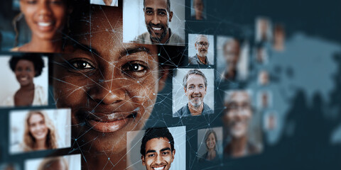 Diverse group of people connected globally through a digital network interface